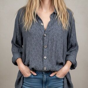CP SHADES Vintage Floral Embroidered Jacquard Oversized Blouse Silver Blue